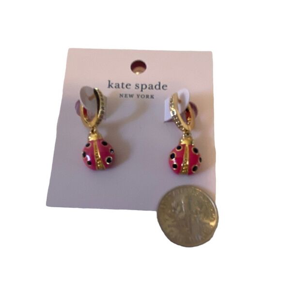 Kate spade beautiful red, black, gold & pave crystal ladybug huggie hoops. - Picture 6 of 6